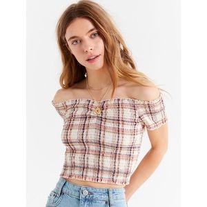 UO Jade Smocked Off-The-Shoulder Cropped Top